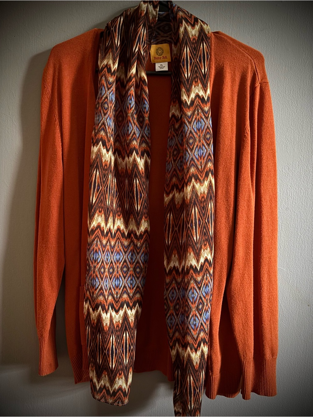 Ruby Rd. Rust Orange Knit Cardigan with Multi-Color Geometric Print Scarf